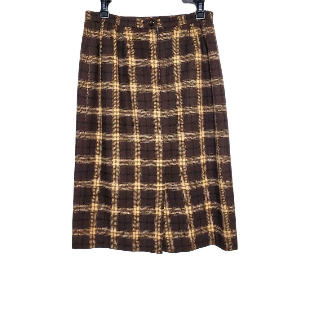 VTG Y2K Briggs Petites Womens Brown Plaid Midi Skirt Lined Wool Blend SZ 12P - Picture 2 of 11